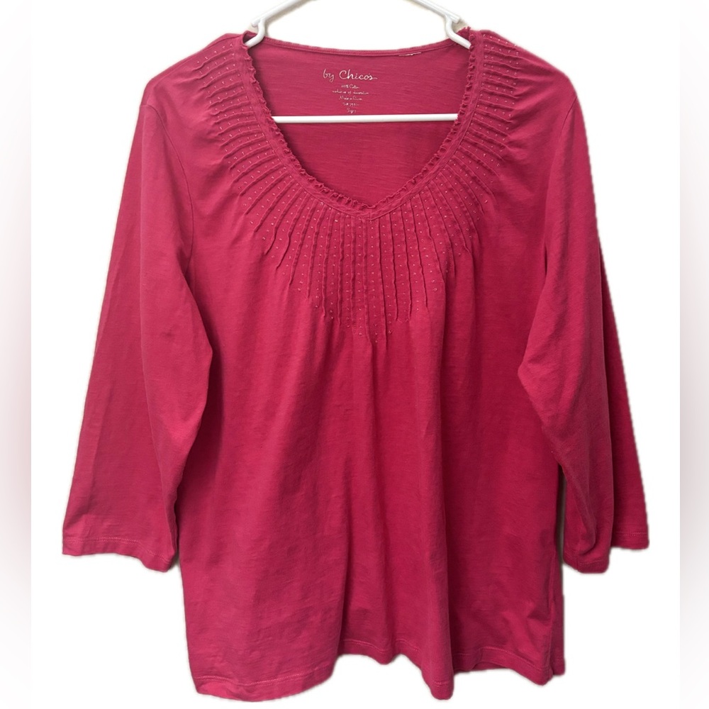 Chico’s 100% Cotton Pink Embellished V Neck Top 3/4 Sleeve Size 3 (Large)